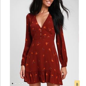 Burgundy Floral Print Long Sleeve Mini Dress